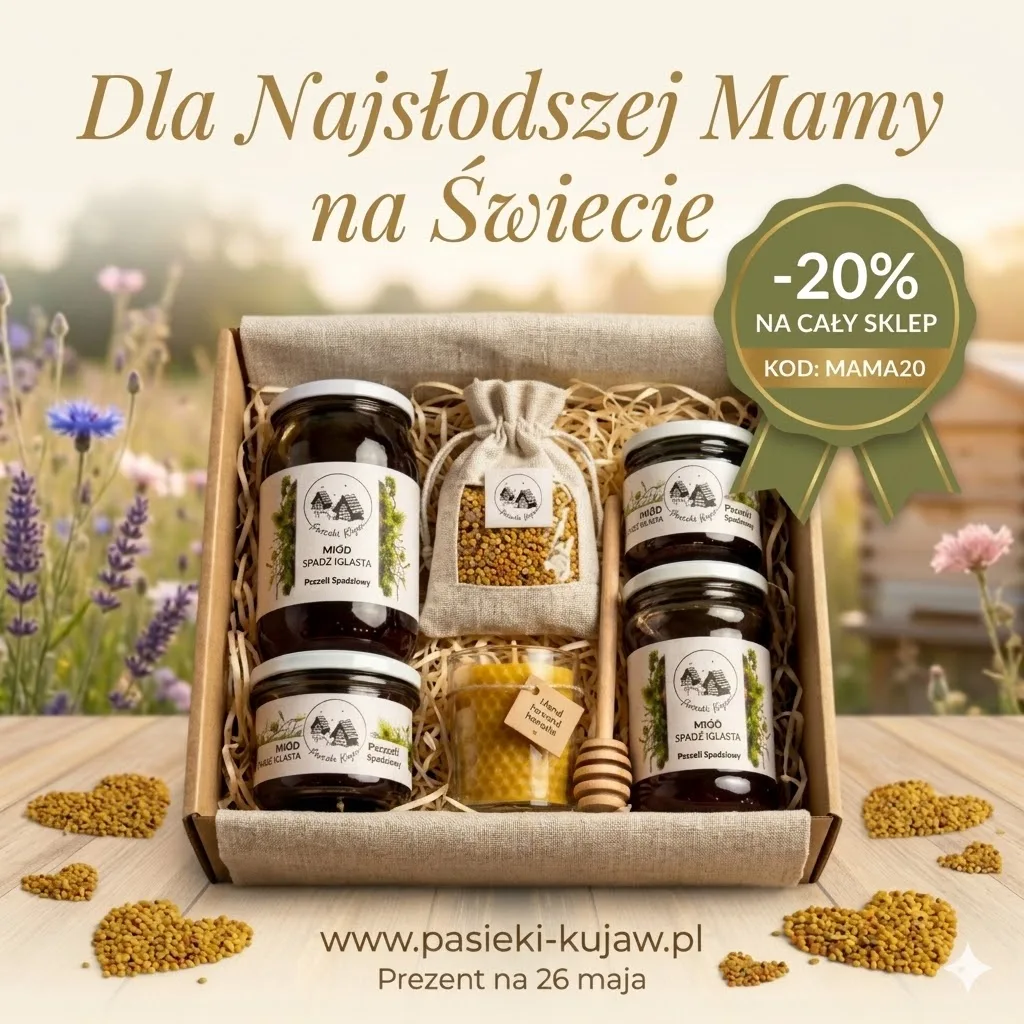 Zestaw prezentowy z słoikami i saszetkami na tle kwiatów; promocja Dla Najdroższej Mamy, 20% zniżki, kod MAMA20 menedżer sklepu.