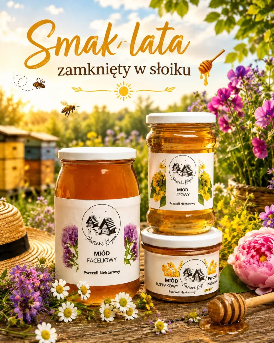 Jars of honey on a wooden table among flowers, with Polish text 'Smak-lata zamknięty w słoiku' in the sky.